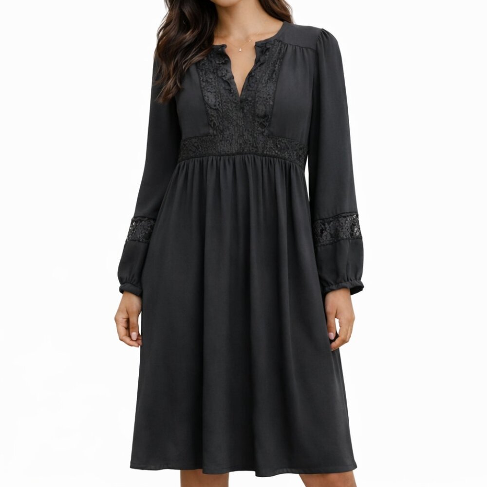 NWOT DR2 by Daniel Rainn Long Sleeve Empire Waist Lace Trim Black Dress Size XS